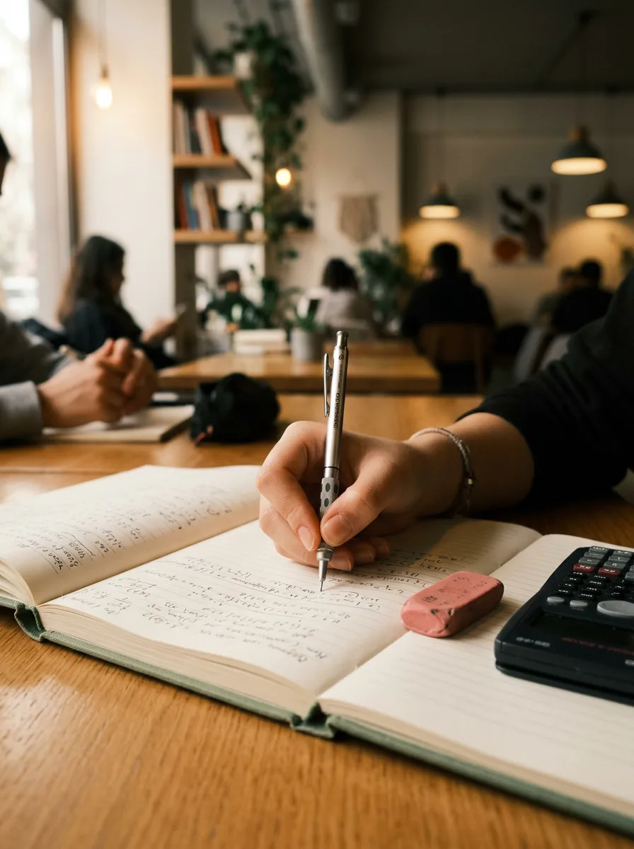 Öğrencinin elinde kalemle defterine matematik çözümü yazdığı yakın plan.